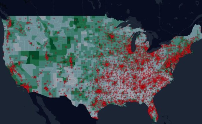 Carte des États-Unis montrant une forte concentration de points rouges